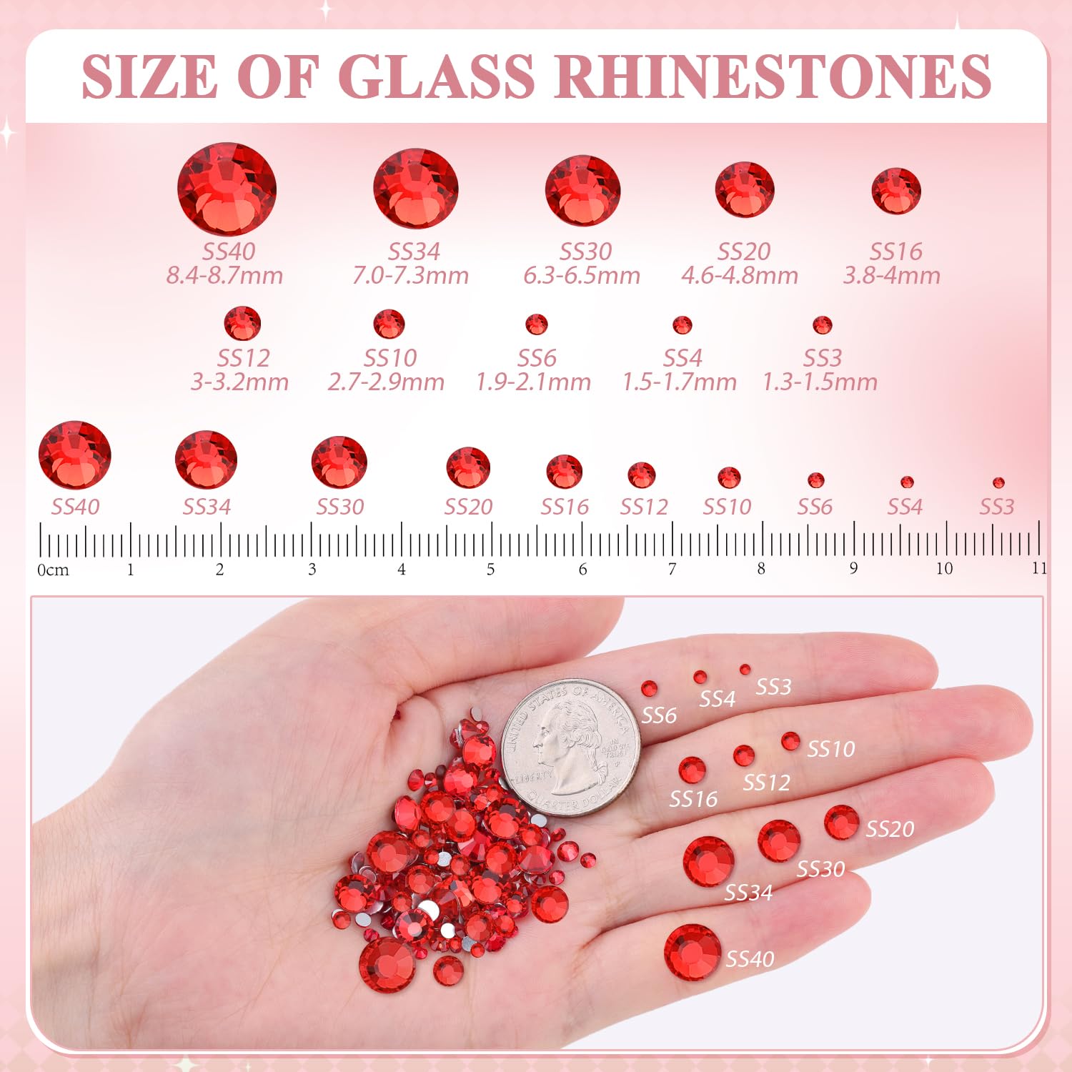 2000PCS SS16/4mm Glass Crystal Rhinestones (Light Red/Light Siam), Flatback Red Rhinestones for Bedazzling Crafting DIY Crafts Nail Art Makeup, Gems Diamond Charms for Tumbler Shoes Clothing Mug